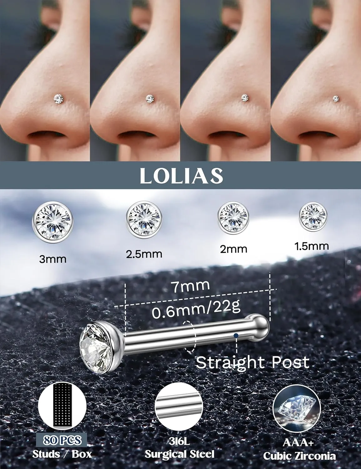 LOLIAS - Nose Rings Studs for Women Men - Straight or L Shaped Surgical Stainless Steel Small Nose Studs Pin - Hypoallergenic 20G 22G Tiny Nose Piercing Jewelry 1.5/2/2.5/3 mm CZ
