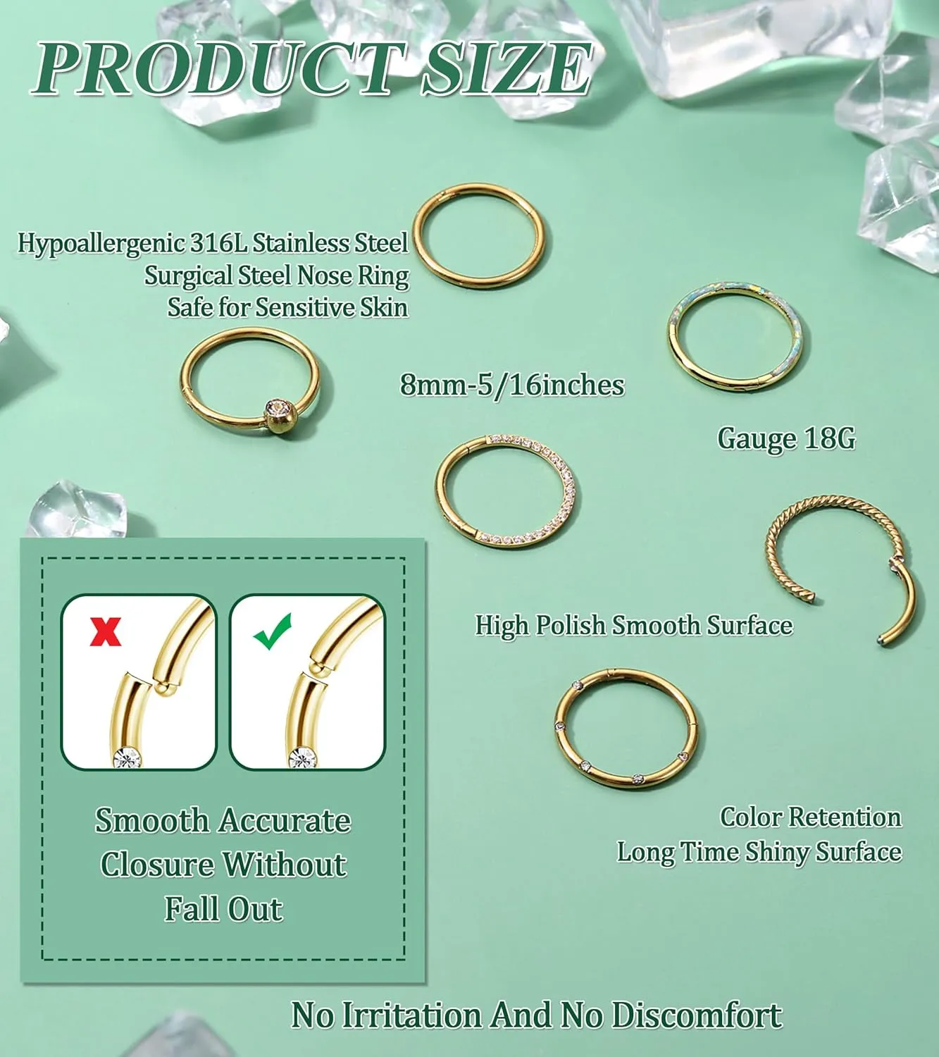LOLIAS Septum Rings 16G 18G Surgical Steel Nose Rings Hoops for Women Seamless Clicker Hinged Segment Hoop Lip Nose Rings Conch Lip Helix Cartilage Earring Septum Jewelry Lip Nose Daith Hlix Piercing Jewelry 8MM 10MM 12MM