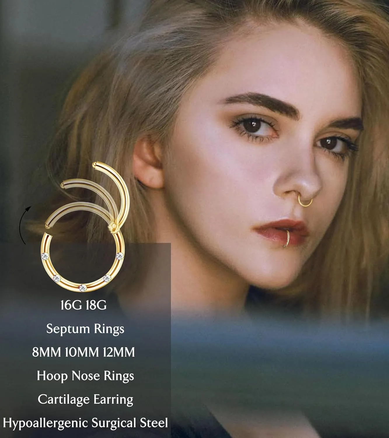 LOLIAS Septum Rings 16G 18G Surgical Steel Nose Rings Hoops for Women Seamless Clicker Hinged Segment Hoop Lip Nose Rings Conch Lip Helix Cartilage Earring Septum Jewelry Lip Nose Daith Hlix Piercing Jewelry 8MM 10MM 12MM