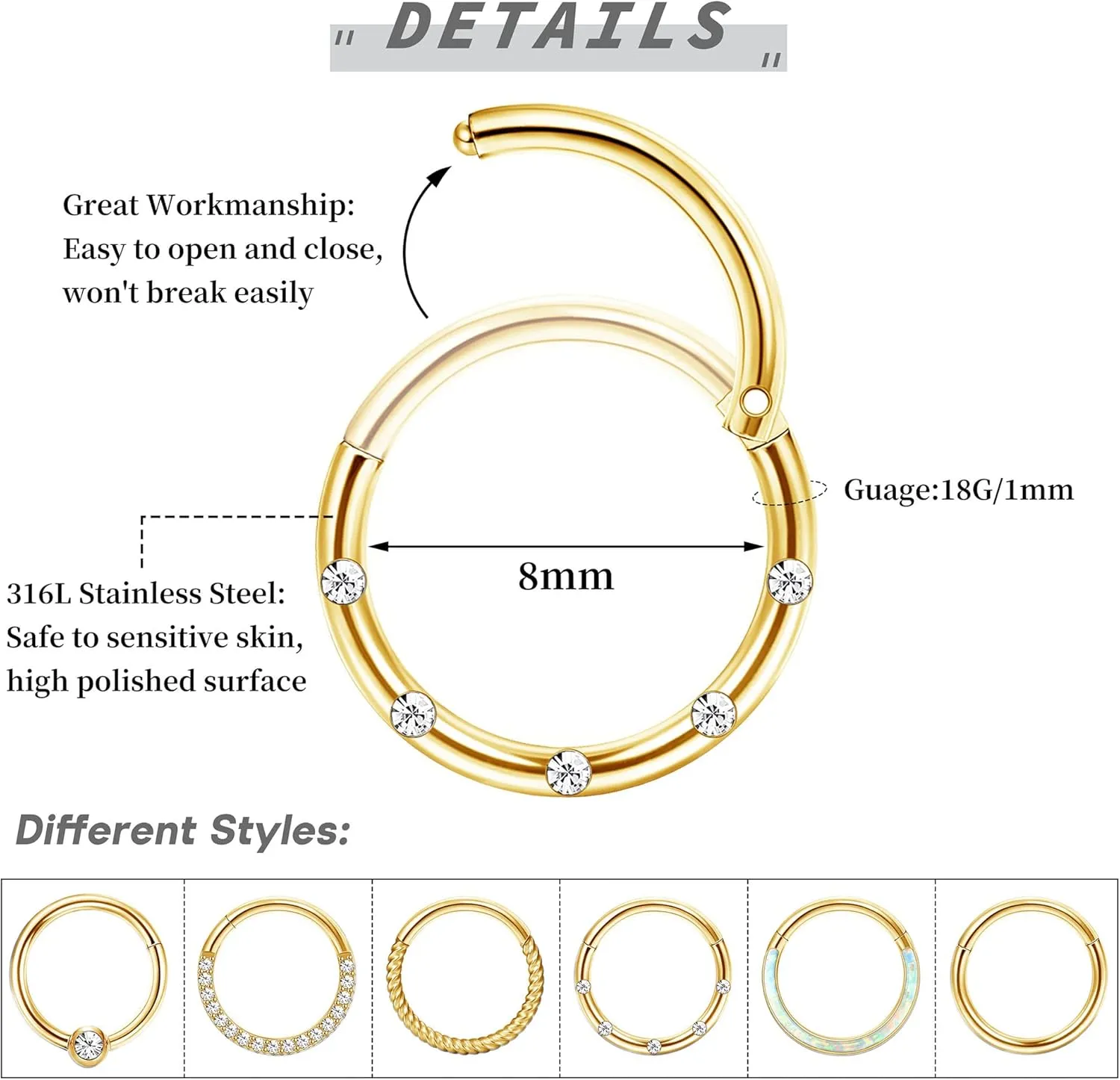 LOLIAS Septum Rings 16G 18G Surgical Steel Nose Rings Hoops for Women Seamless Clicker Hinged Segment Hoop Lip Nose Rings Conch Lip Helix Cartilage Earring Septum Jewelry Lip Nose Daith Hlix Piercing Jewelry 8MM 10MM 12MM