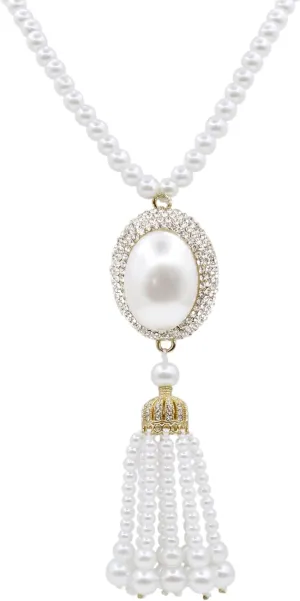Long Crystal Round Pearl Pendant Necklace for Women Rhinestone Pearl Tassels Necklaces Pearl Beaded Necklaces Gold Silver Sweater Statement Necklace Fashion Jewelry for Women