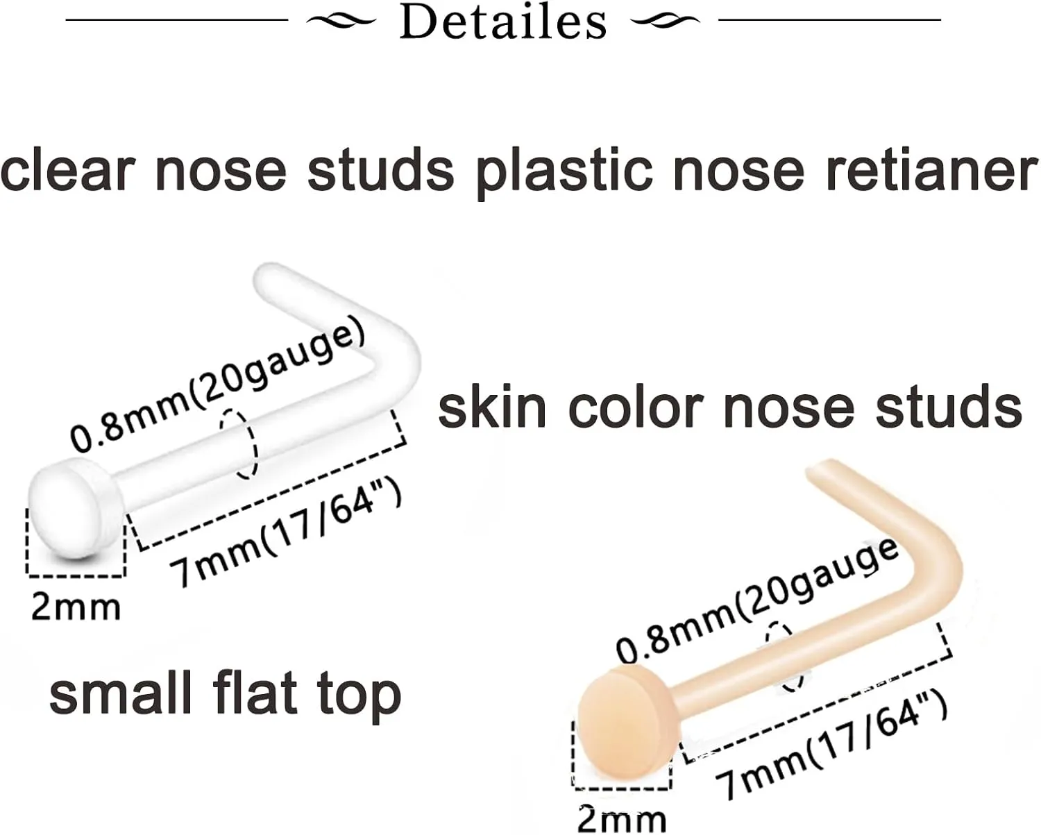 Longita Plastic Nose Studs and Rings - Clear, 18g & 20g, Invisible, Skin Color