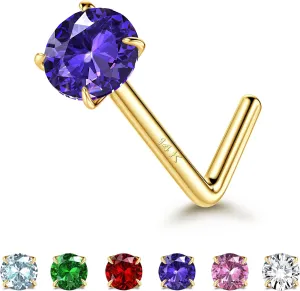 LOYALLOOK 14K Real Gold Nose Rings Studs 20G 18G Gold L-Shape Nose Rings Round CZ Simulated Diamond Nose Stud Hypoallergenic Nose Piercing for Women, 3MM
