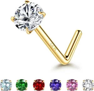 LOYALLOOK 14K Real Gold Nose Rings Studs 20G 18G Gold L-Shape Nose Rings Round CZ Simulated Diamond Nose Stud Hypoallergenic Nose Piercing for Women, 3MM