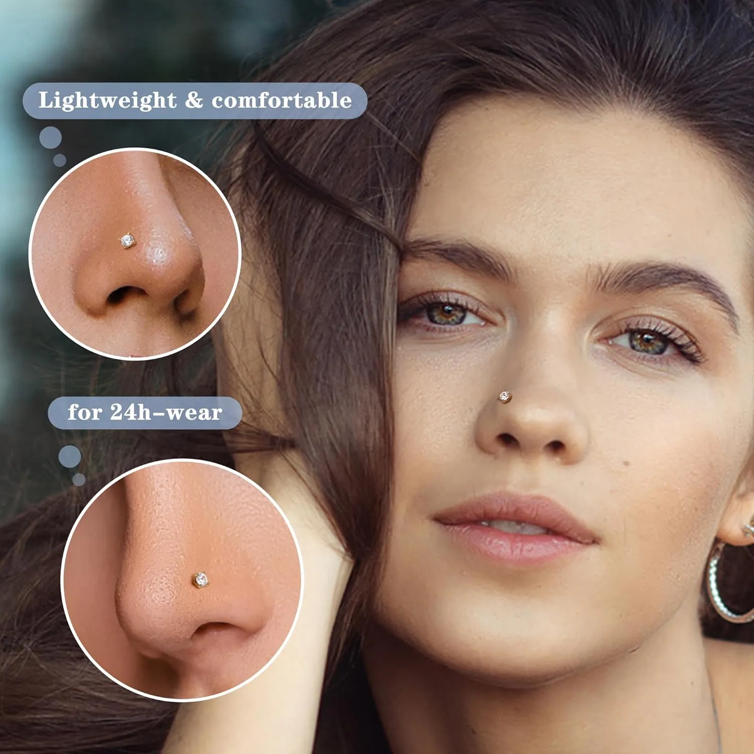 LOYALLOOK 14K Real Gold Nose Rings Studs 20G 18G Gold L-Shape Nose Rings Round CZ Simulated Diamond Nose Stud Hypoallergenic Nose Piercing for Women, 3MM
