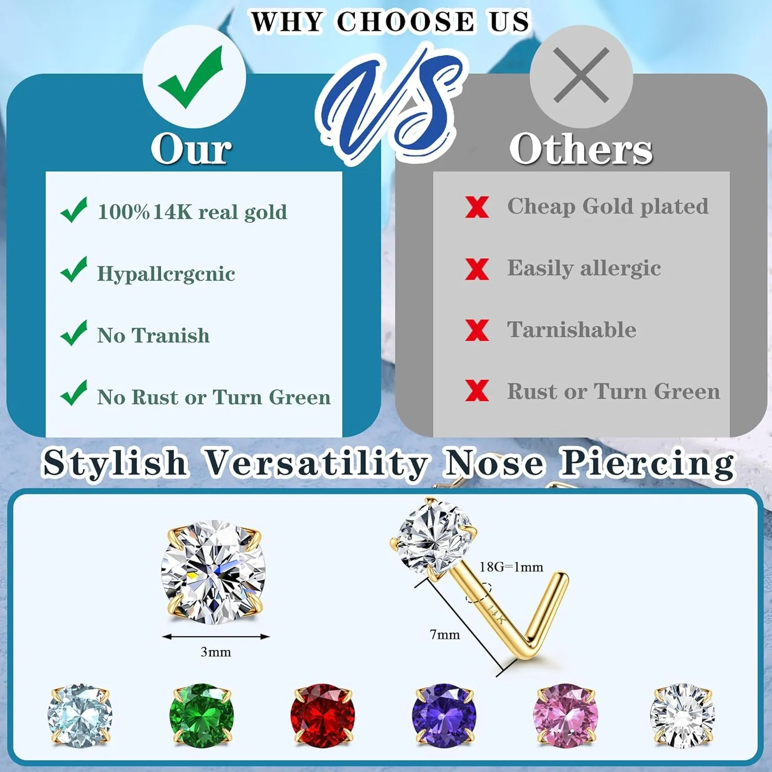 LOYALLOOK 14K Real Gold Nose Rings Studs 20G 18G Gold L-Shape Nose Rings Round CZ Simulated Diamond Nose Stud Hypoallergenic Nose Piercing for Women, 3MM