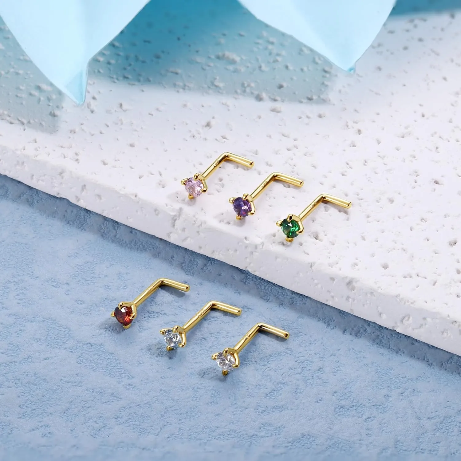 LOYALLOOK 14K Real Gold Nose Rings Studs 20G 18G Gold L-Shape Nose Rings Round CZ Simulated Diamond Nose Stud Hypoallergenic Nose Piercing for Women, 3MM