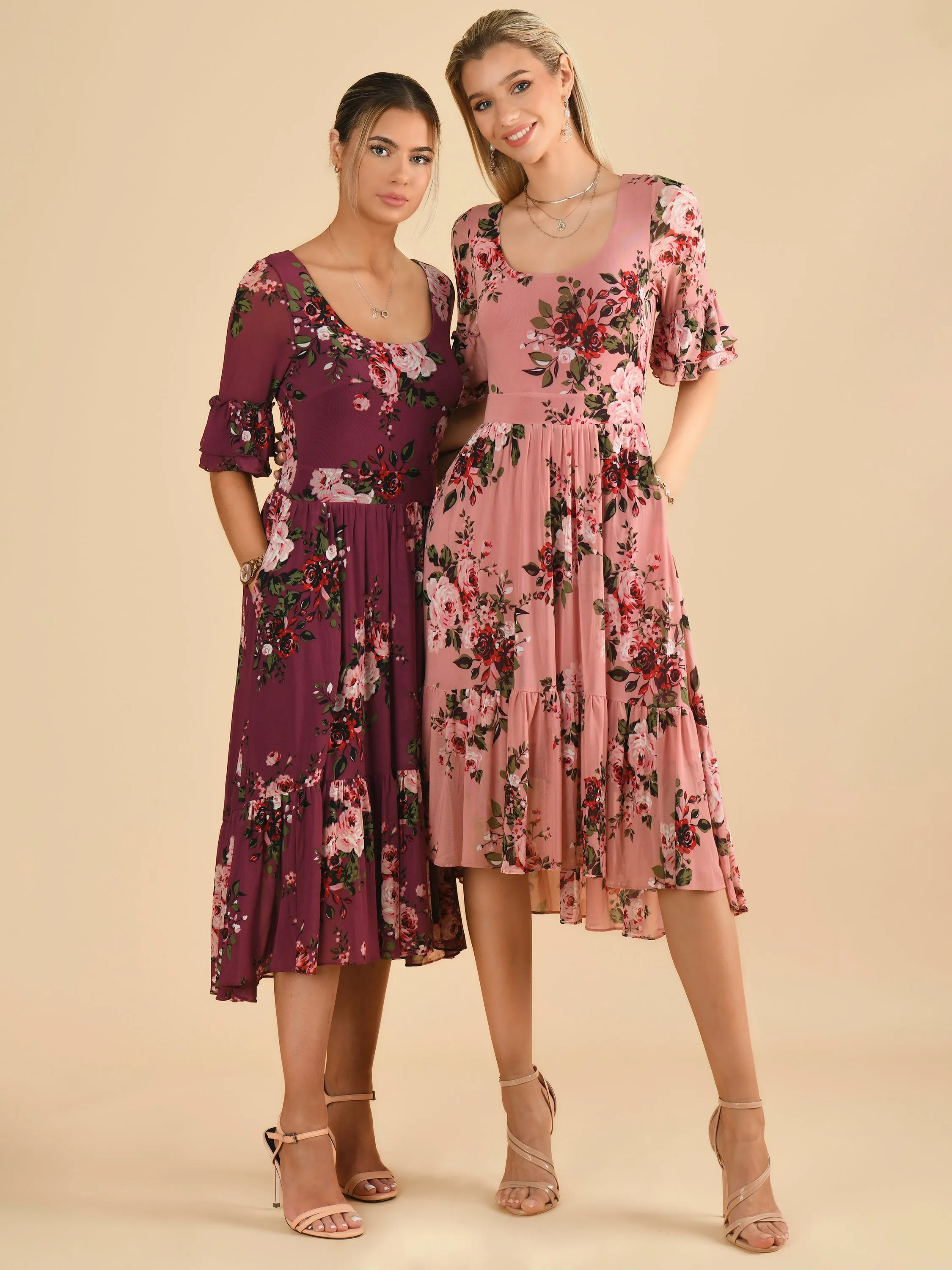 Maab Mesh Ruffle Sleeve Midi Dress, Dusty Pink