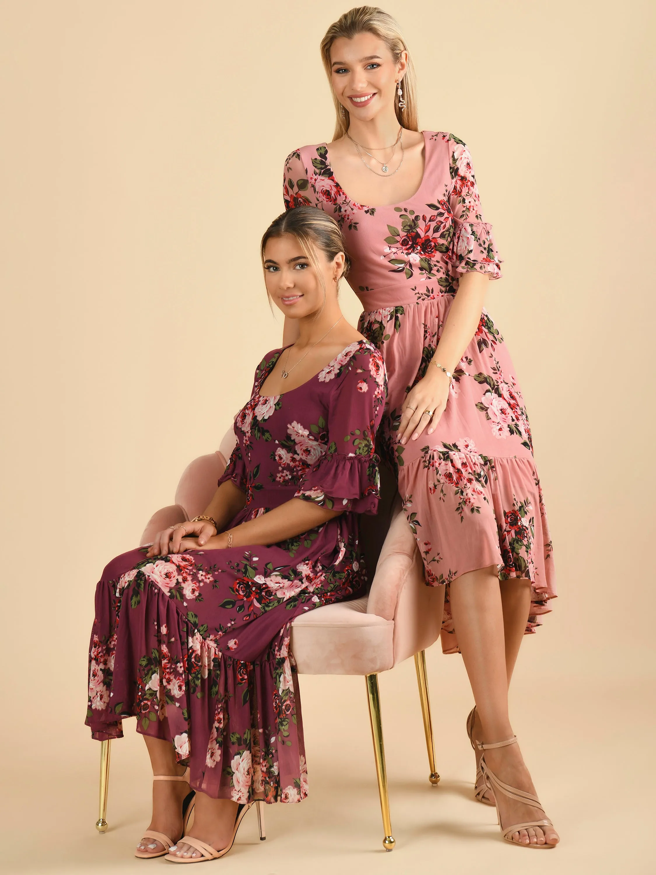 Maab Mesh Ruffle Sleeve Midi Dress, Dusty Pink