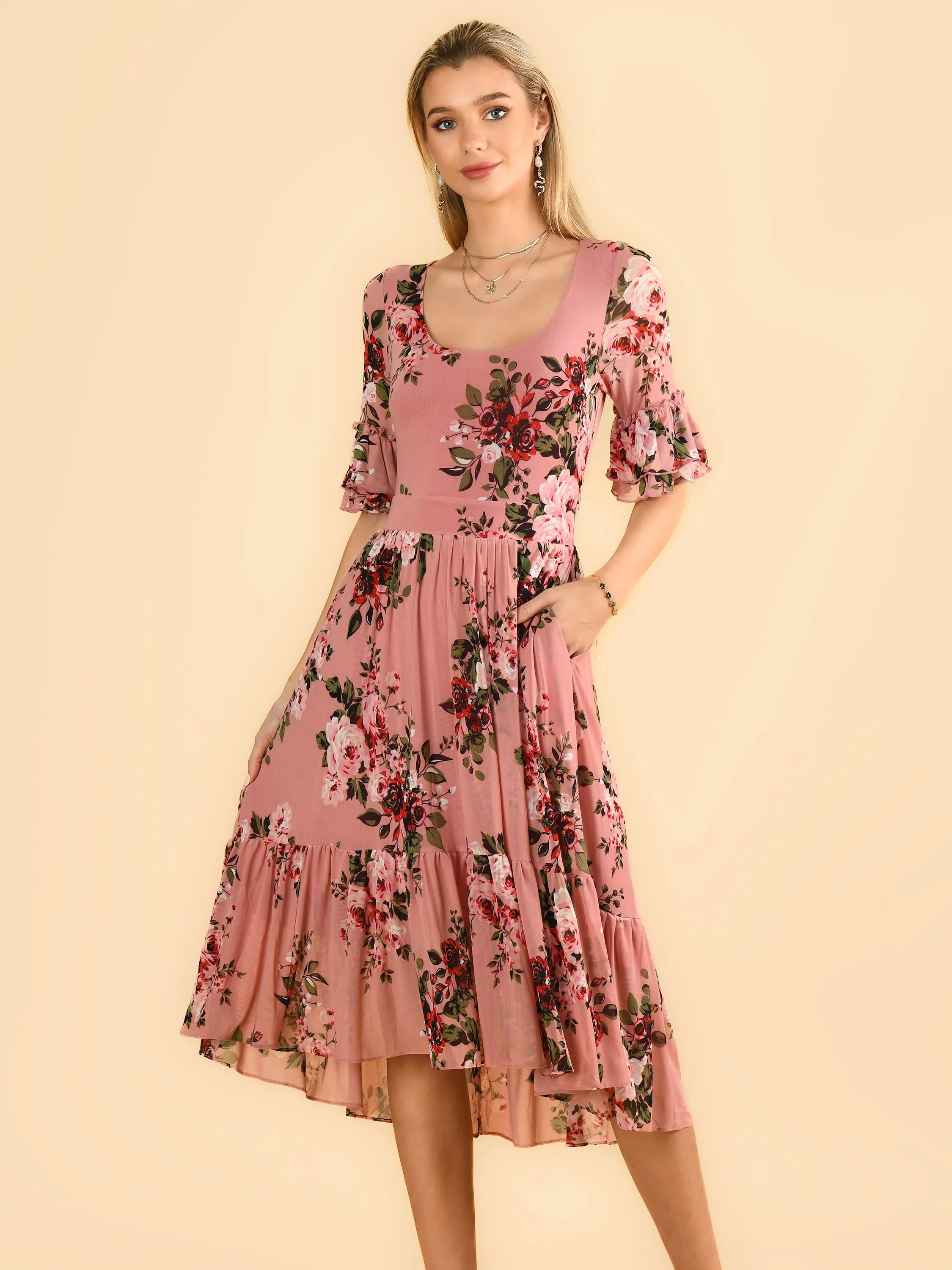 Maab Mesh Ruffle Sleeve Midi Dress, Dusty Pink