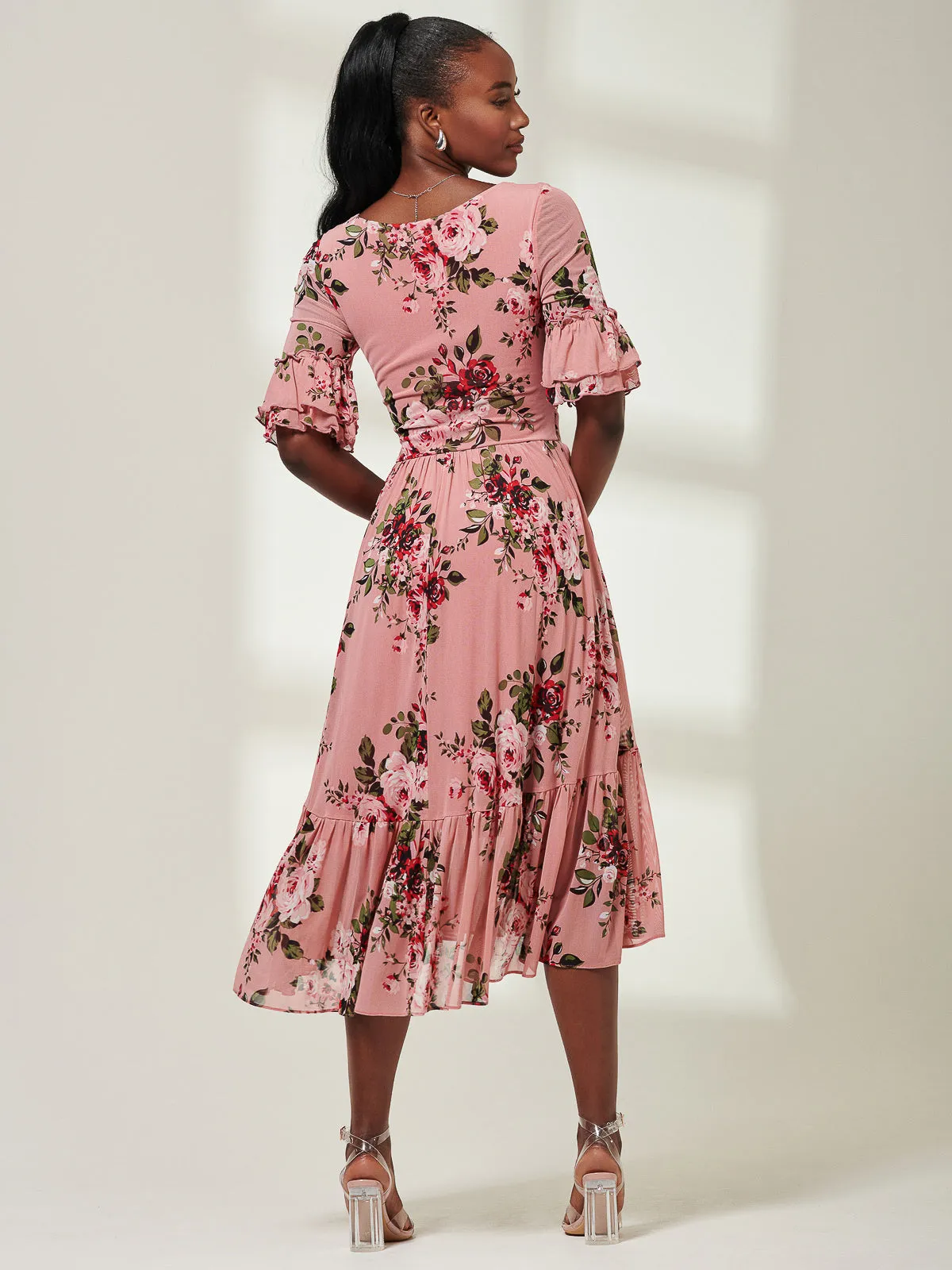 Maab Mesh Ruffle Sleeve Midi Dress, Dusty Pink