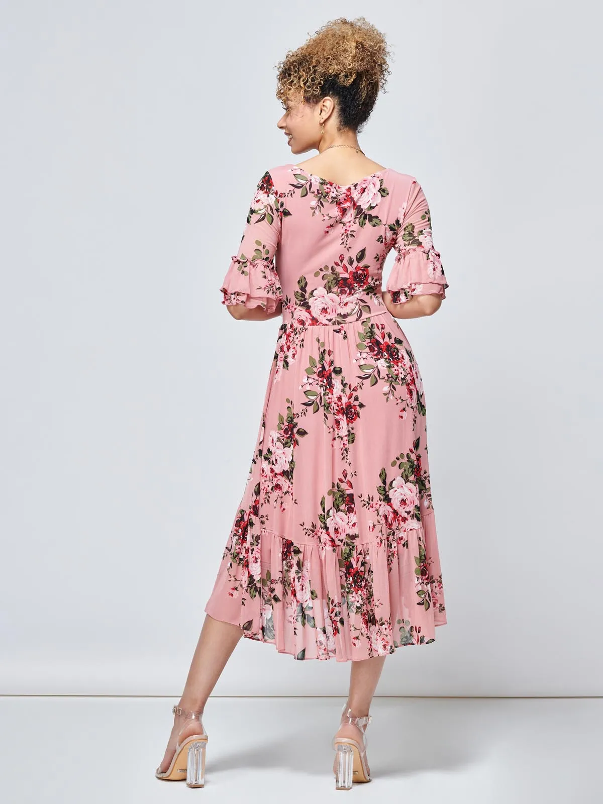 Maab Mesh Ruffle Sleeve Midi Dress, Dusty Pink