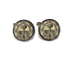 Mair's Vintage Style Medieval Memento Mori Gothic Skeleton Handmade ROUND Glass Metal Cuff LInks Cufflinks Gift for Him (Gunmetal Black)