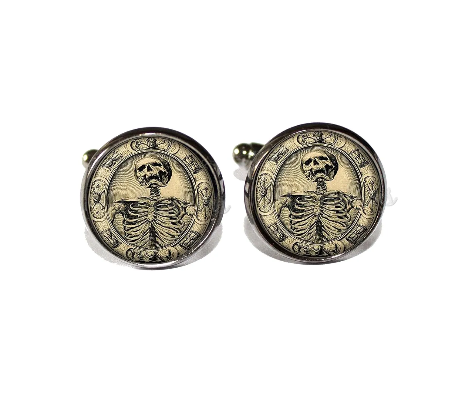 Mair's Vintage Style Medieval Memento Mori Gothic Skeleton Handmade ROUND Glass Metal Cuff LInks Cufflinks Gift for Him (Gunmetal Black)