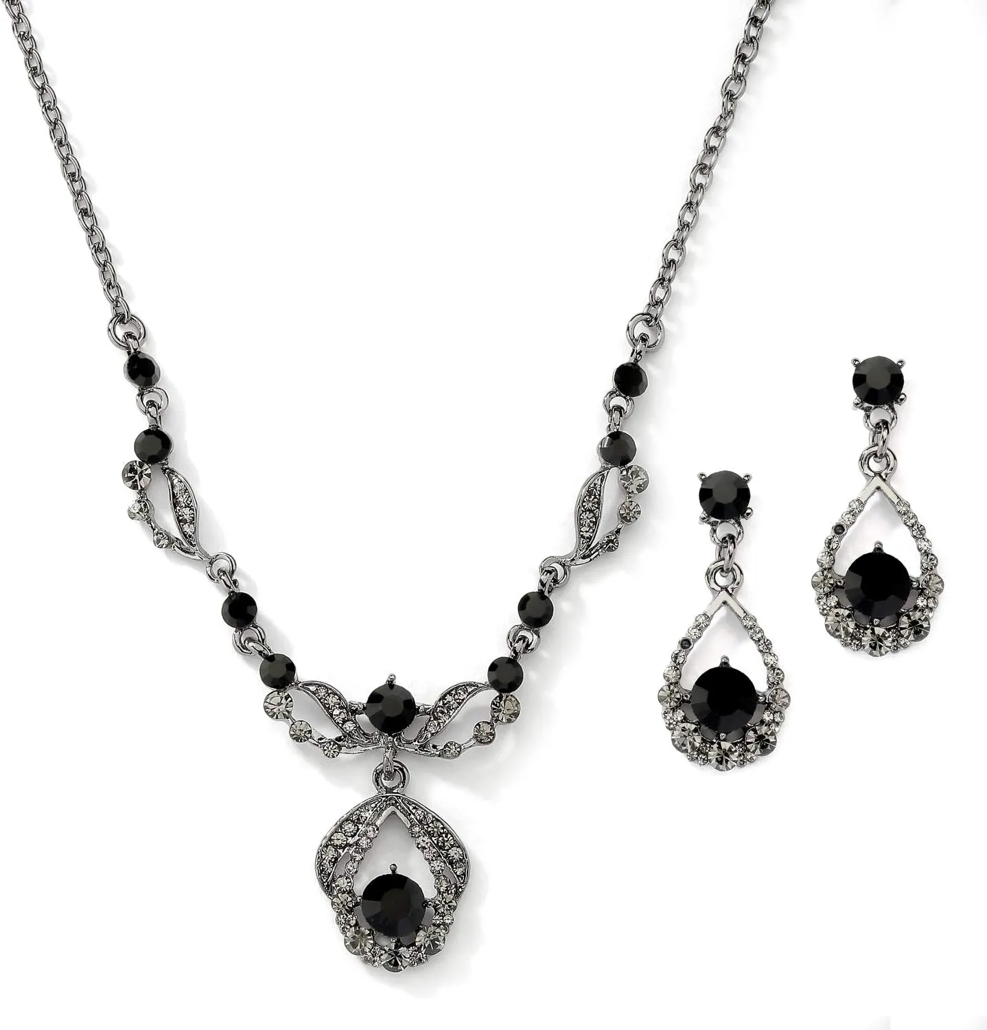 Mariell Jet Black Vintage Crystal Necklace and Earrings Wedding Jewelry Set for Brides, Bridesmaids, Prom