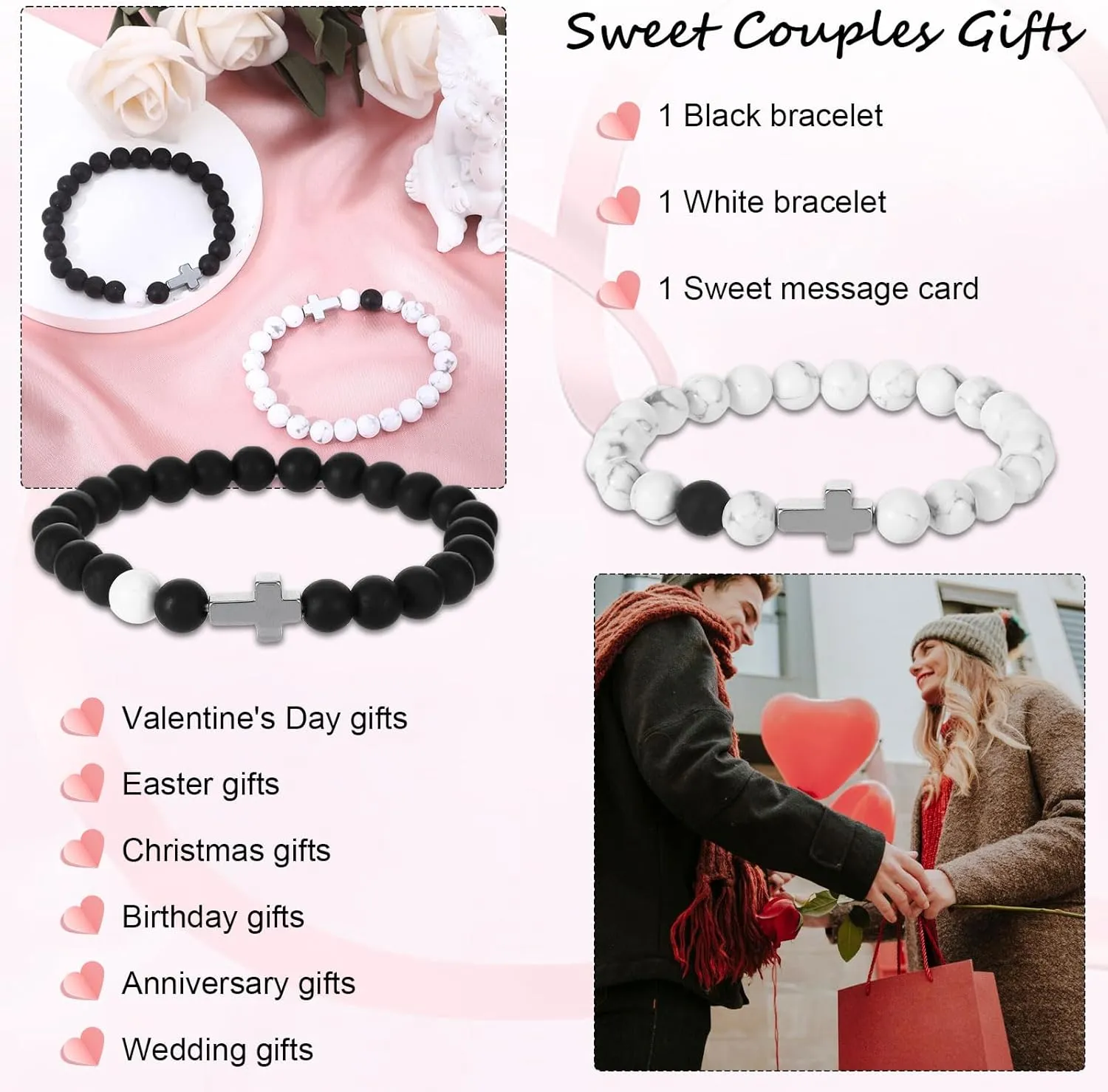 Matching Bracelets for Couples Friendship,Beaded Cross Bracelets for Couples Friendship Bracelet,Valentines Anniversary Birthday Engagement Gifts Promise Couple Bracelets for Boyfriend Fiance Wife