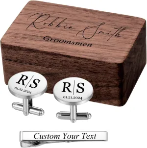 MeMeDIY Personalized Cufflinks Tie Clip Set with Engraved Walnut Wood Box Customized Wedding Cufflinks Engraved Name Initial Letter for Dad Groom Best Man