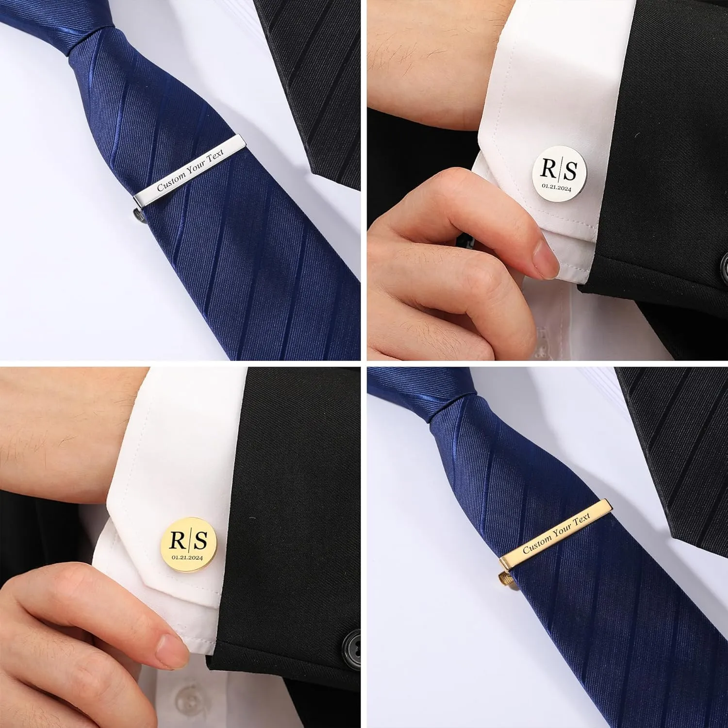 MeMeDIY Personalized Cufflinks Tie Clip Set with Engraved Walnut Wood Box Customized Wedding Cufflinks Engraved Name Initial Letter for Dad Groom Best Man