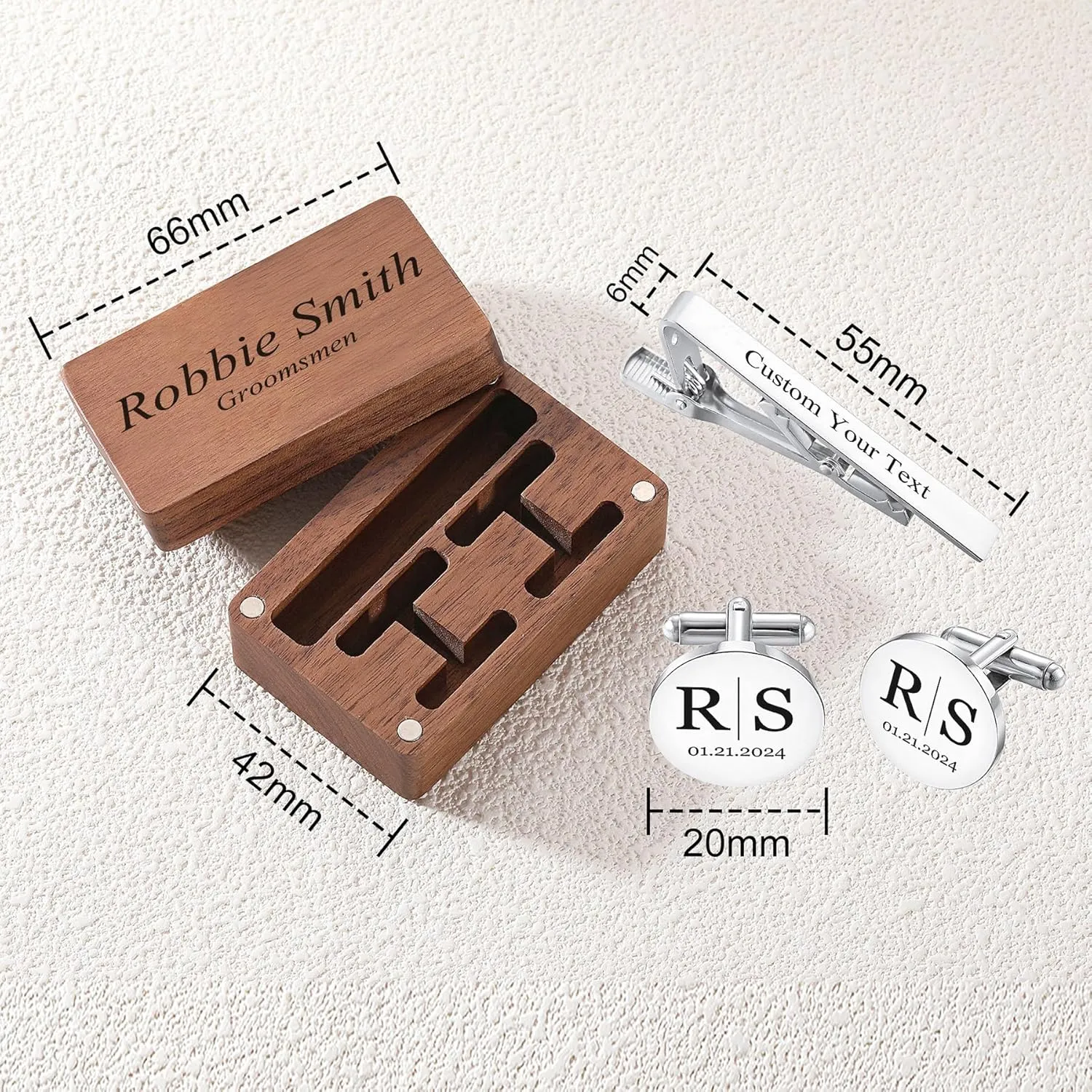 MeMeDIY Personalized Cufflinks Tie Clip Set with Engraved Walnut Wood Box Customized Wedding Cufflinks Engraved Name Initial Letter for Dad Groom Best Man
