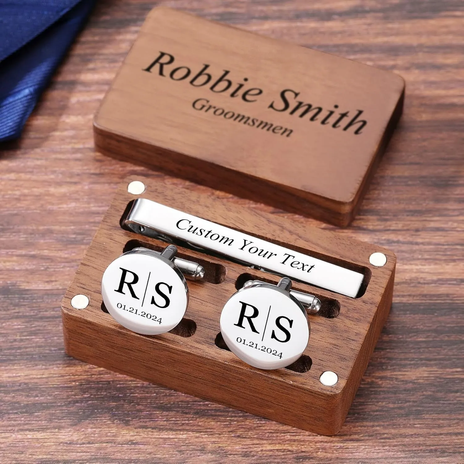 MeMeDIY Personalized Cufflinks Tie Clip Set with Engraved Walnut Wood Box Customized Wedding Cufflinks Engraved Name Initial Letter for Dad Groom Best Man