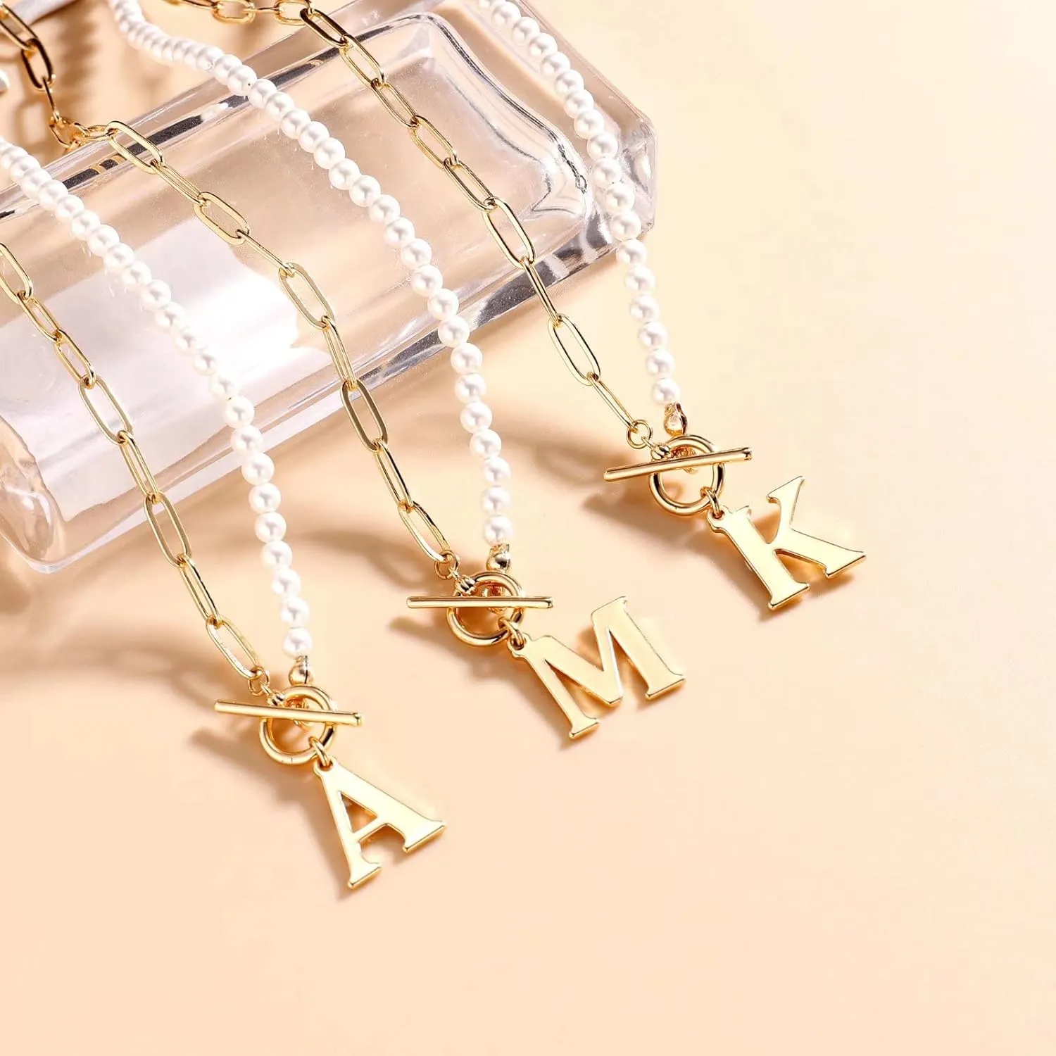 Memorjew Pearl Initial Necklaces for Women Trendy, 14k Gold Plated Dainty Pearl Initial Necklace Paperclip Chain Toggle Clasp Initial Pendant Necklaces Gold Jewelry Gifts for Women