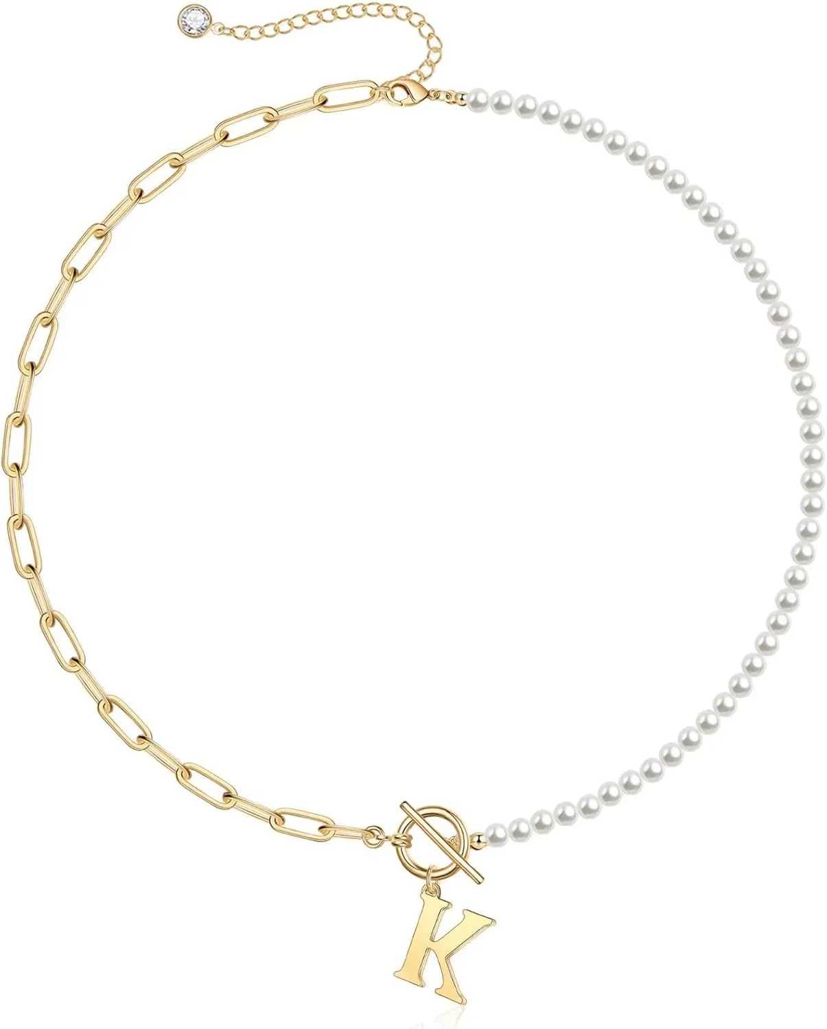 Memorjew Pearl Initial Necklaces for Women Trendy, 14k Gold Plated Dainty Pearl Initial Necklace Paperclip Chain Toggle Clasp Initial Pendant Necklaces Gold Jewelry Gifts for Women