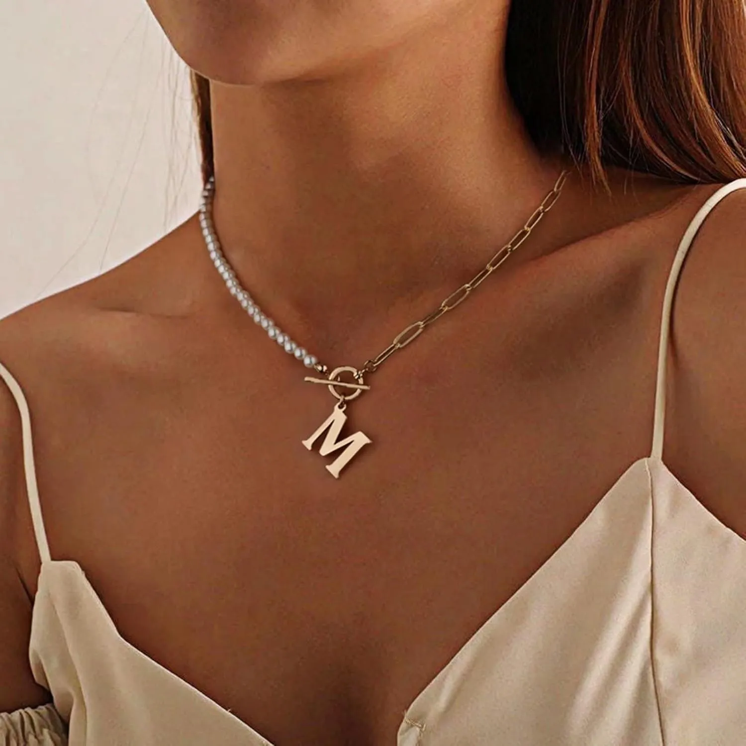 Memorjew Pearl Initial Necklaces for Women Trendy, 14k Gold Plated Dainty Pearl Initial Necklace Paperclip Chain Toggle Clasp Initial Pendant Necklaces Gold Jewelry Gifts for Women
