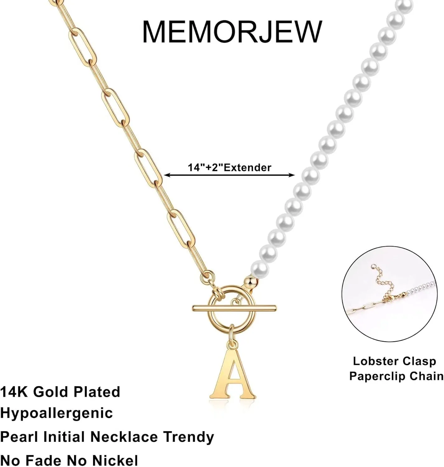 Memorjew Pearl Initial Necklaces for Women Trendy, 14k Gold Plated Dainty Pearl Initial Necklace Paperclip Chain Toggle Clasp Initial Pendant Necklaces Gold Jewelry Gifts for Women