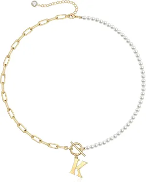 Memorjew Pearl Initial Necklaces for Women Trendy, 14k Gold Plated Dainty Pearl Initial Necklace Paperclip Chain Toggle Clasp Initial Pendant Necklaces Gold Jewelry Gifts for Women