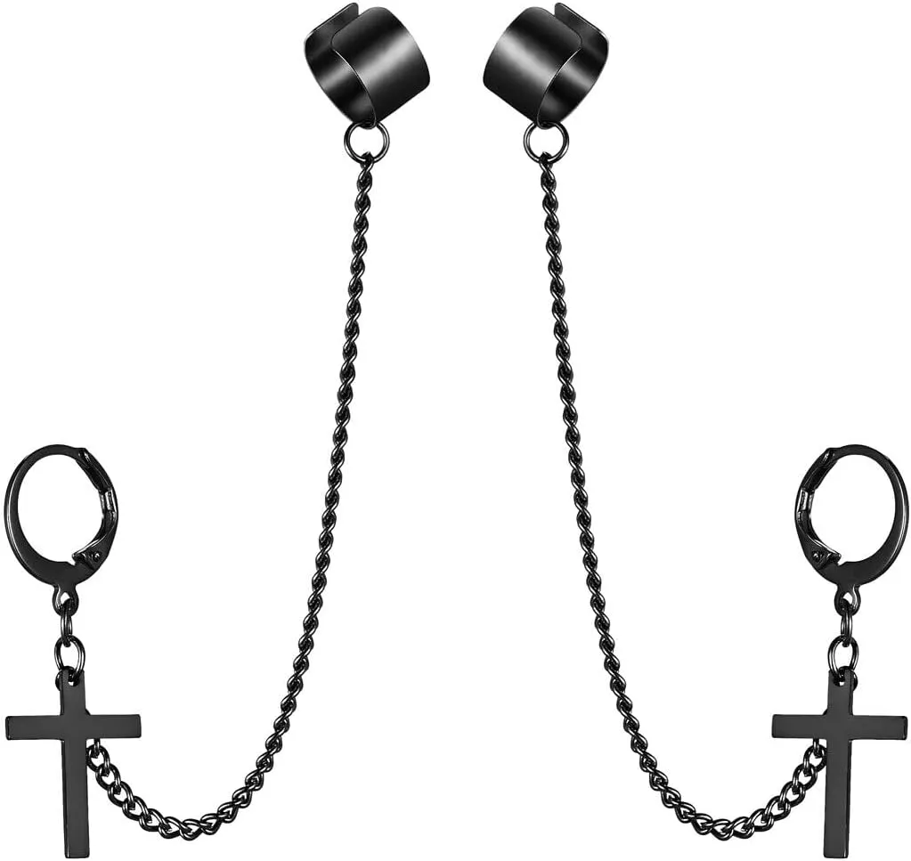 Men Women Stainless Steel Cartilage Ear Cuff Chain Cross Hoop Piercing Rings Black Unique Delicate Jewelry Accessories