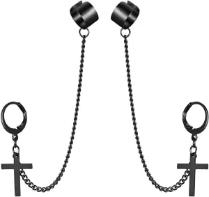 Men Women Stainless Steel Cartilage Ear Cuff Chain Cross Hoop Piercing Rings Black Unique Delicate Jewelry Accessories
