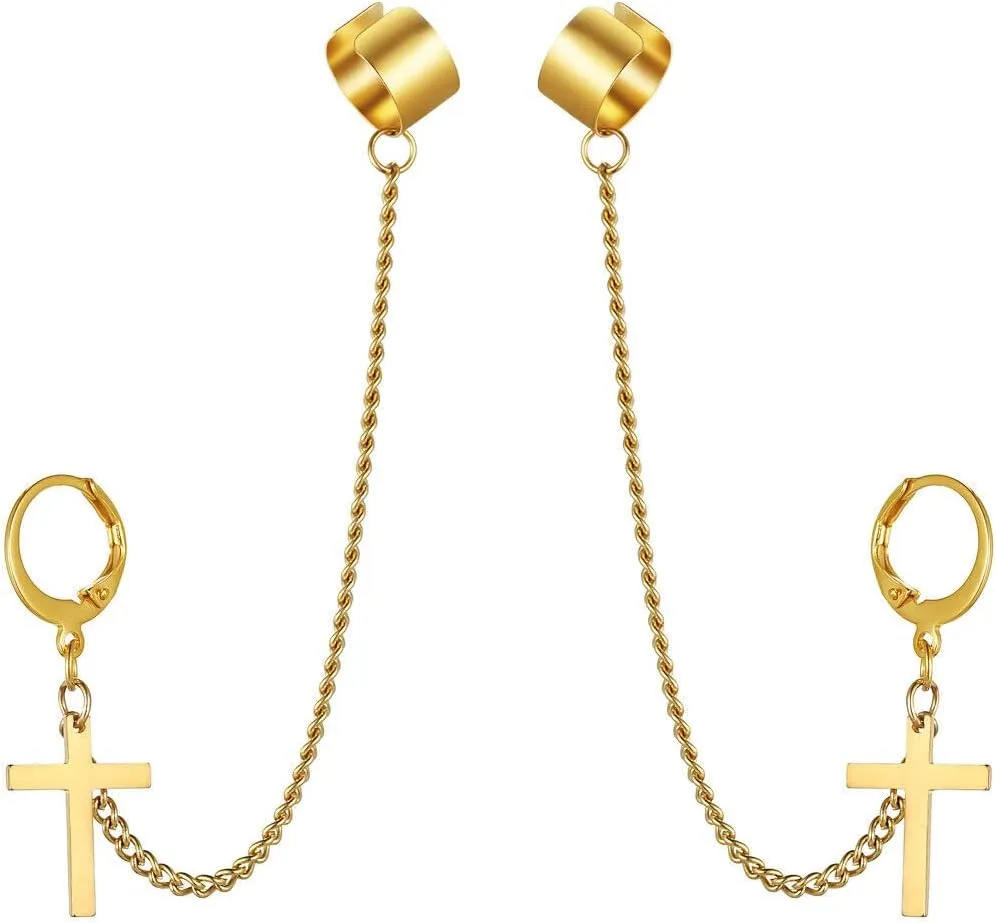Men Women Stainless Steel Cartilage Ear Cuff Chain Cross Hoop Piercing Rings Gold Color Unique Delicate Jewelry Accessories, 1, silver