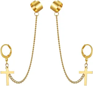 Men Women Stainless Steel Cartilage Ear Cuff Chain Cross Hoop Piercing Rings Gold Color Unique Delicate Jewelry Accessories, 1, silver