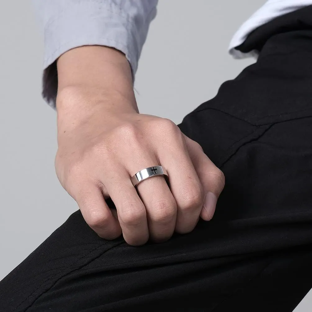 Men's Cross Ring Stainless Steel Black/Silver 6mm/8mm Faith Engagement Wedding Promise Band Ring Jewelry size 8-12