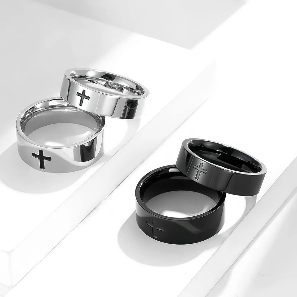 Men's Cross Ring Stainless Steel Black/Silver 6mm/8mm Faith Engagement Wedding Promise Band Ring Jewelry size 8-12