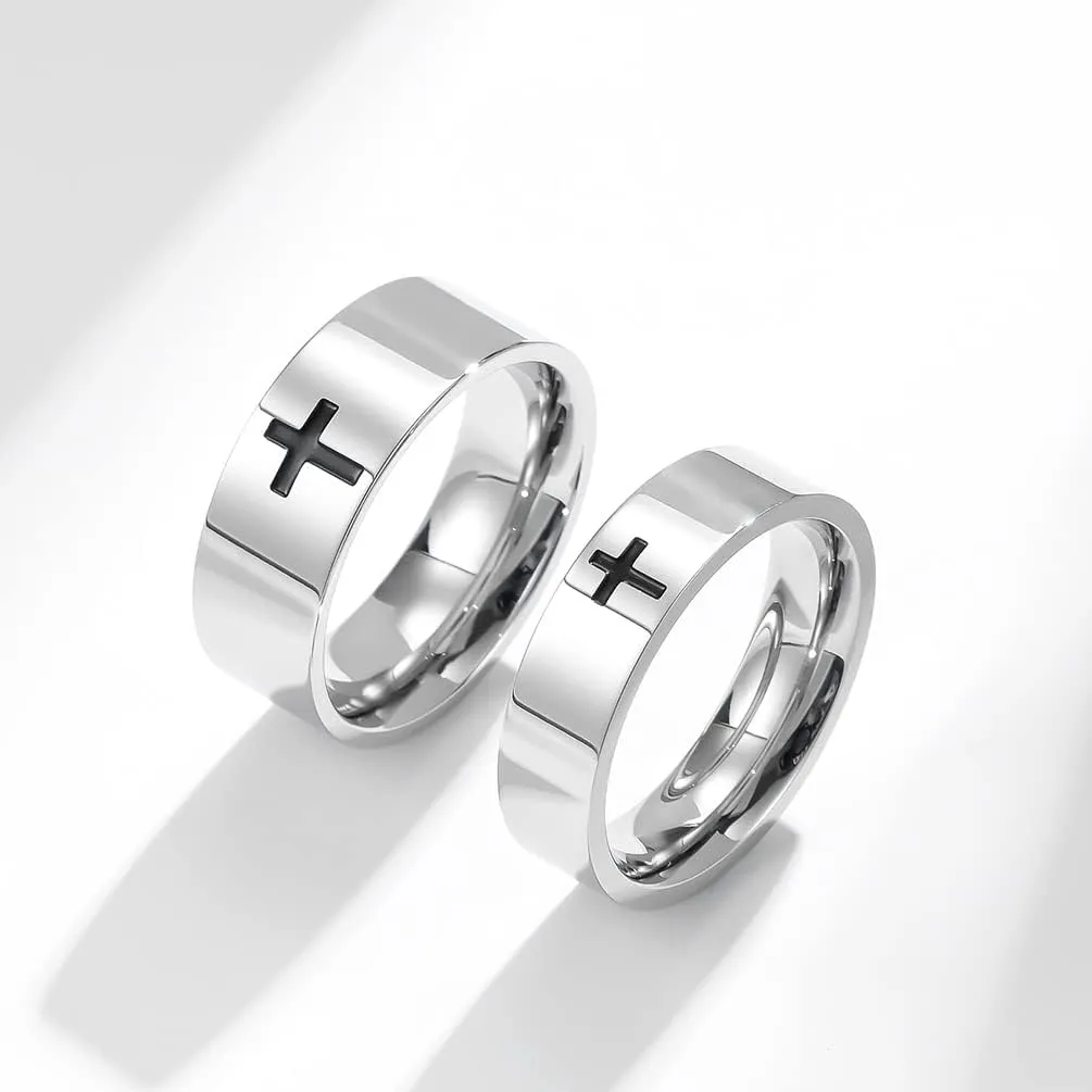 Men's Cross Ring Stainless Steel Black/Silver 6mm/8mm Faith Engagement Wedding Promise Band Ring Jewelry size 8-12