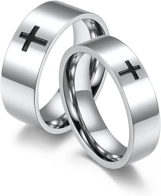 Men's Cross Ring Stainless Steel Black/Silver 6mm/8mm Faith Engagement Wedding Promise Band Ring Jewelry size 8-12
