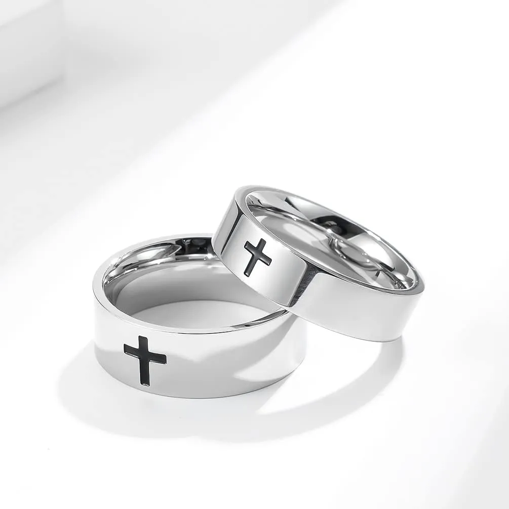 Men's Cross Ring Stainless Steel Black/Silver 6mm/8mm Faith Engagement Wedding Promise Band Ring Jewelry size 8-12