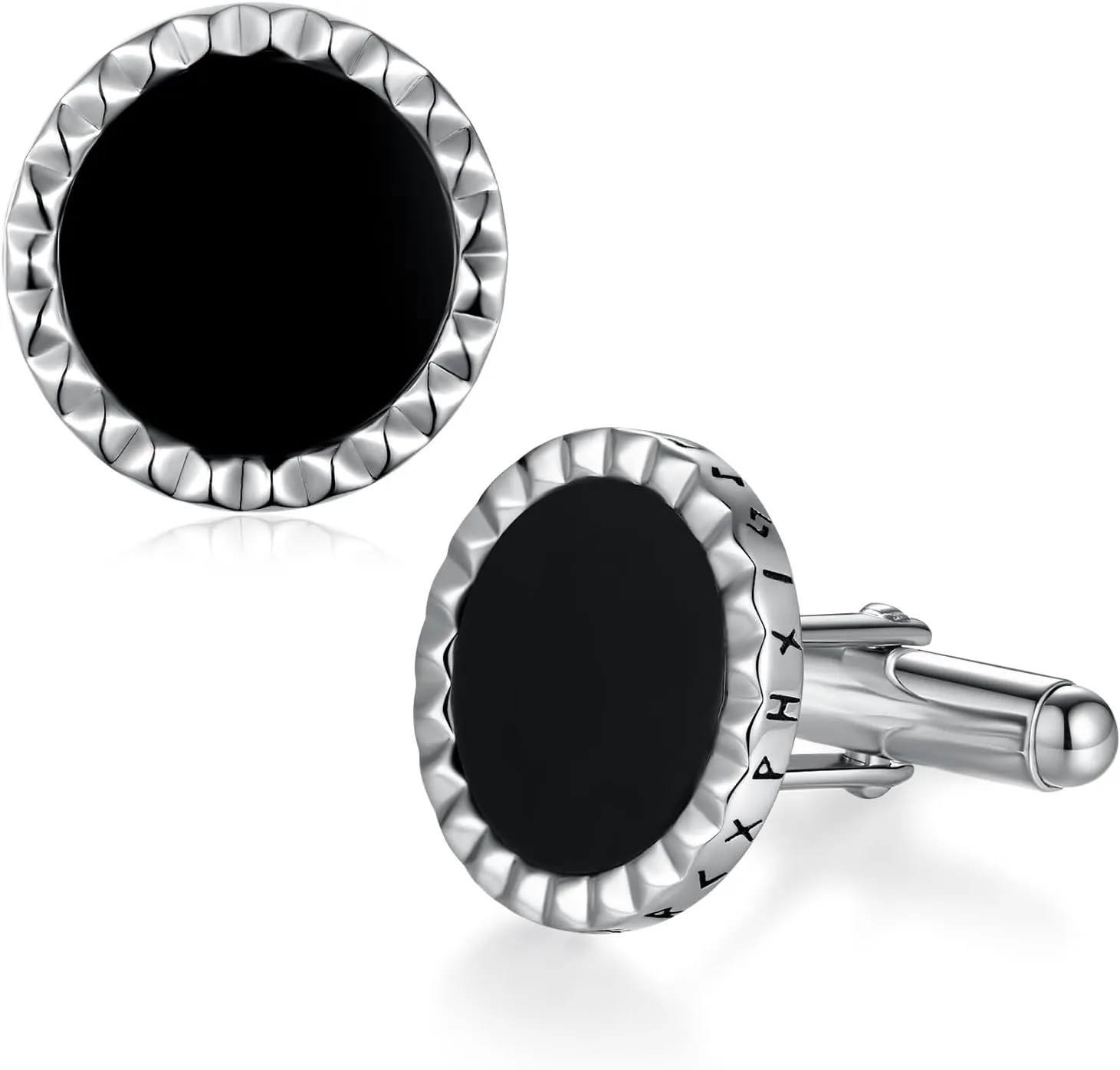 Men's Cufflinks: Black Onyx & 925 Sterling Silver, Featuring Viking Rune Design - Ideal for Father's Day, Grooms, Business & Wedding Tuxedo Accessories