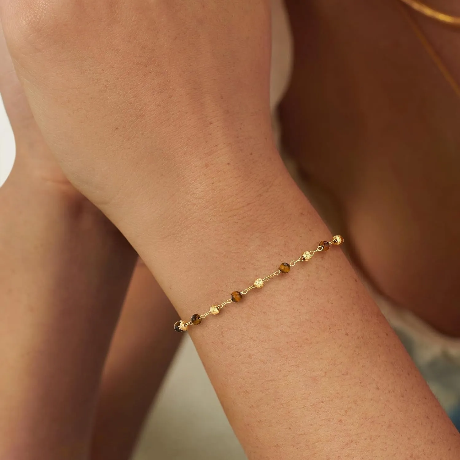 MEVECCO Gold Bracelet for Women Stone Mixed Bracelets 18K Gold Plated Handmade Custom Beaded Charm Chain Bracelet Stack Jewelry Gifts