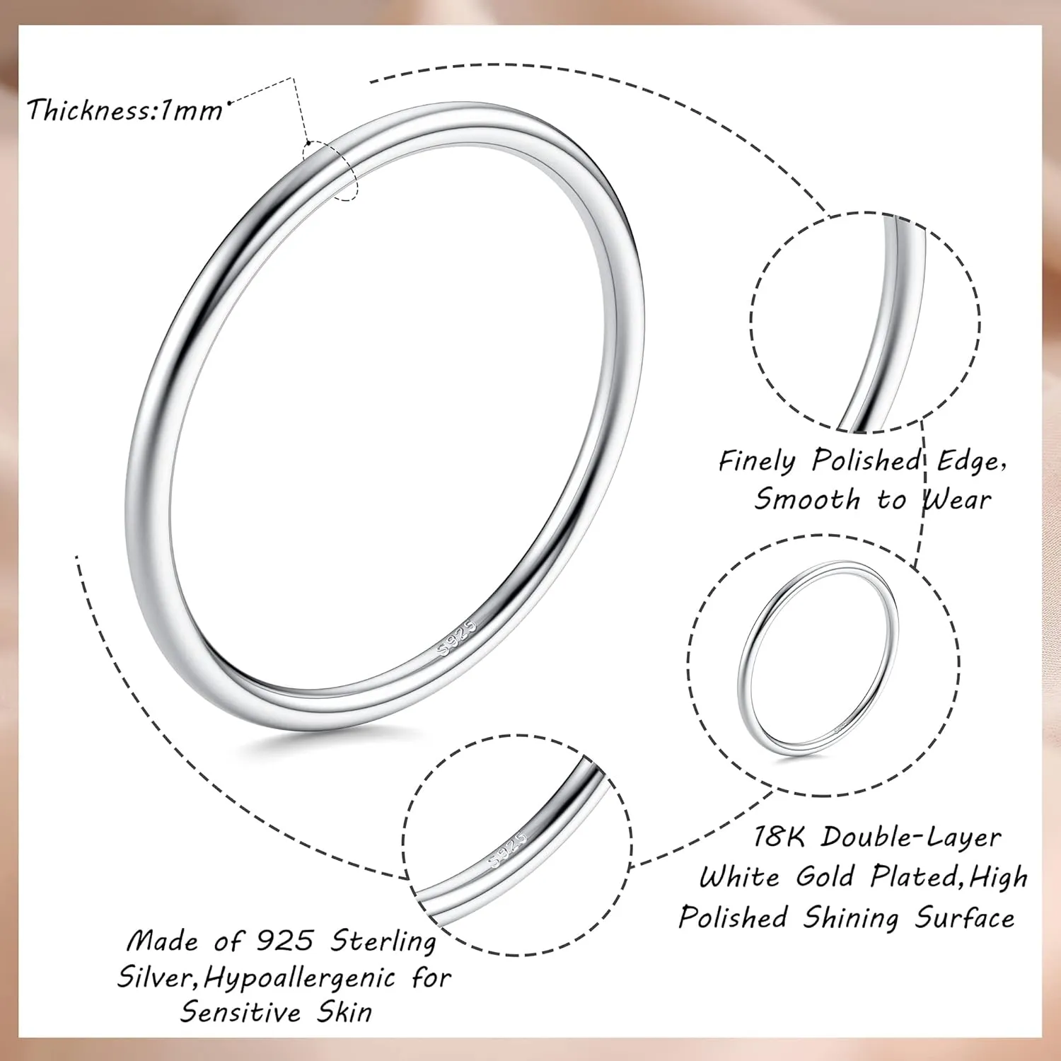 MILACOLATO 925 Sterling Silver Rings for Women 18K Wihte Gold Plated Knuckle Pinky Thumb Stacking Ring Minimalistic Point Finger Thin Band Ring Comfort Fit Size 4-13