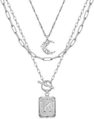 MJartoria Layered Initial Necklaces for Women Trendy, 14K Gold Plated Simple Moon Choker Square Letter Pendant Necklace, Paperclip Chain Necklace, Gold Necklaces Jewelry Gifts