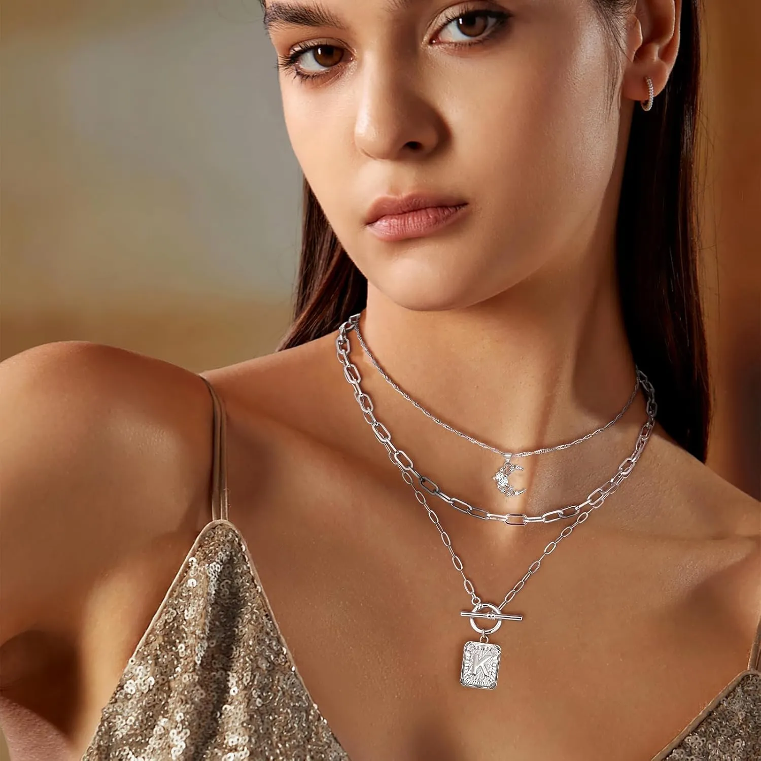 MJartoria Layered Initial Necklaces for Women Trendy, 14K Gold Plated Simple Moon Choker Square Letter Pendant Necklace, Paperclip Chain Necklace, Gold Necklaces Jewelry Gifts