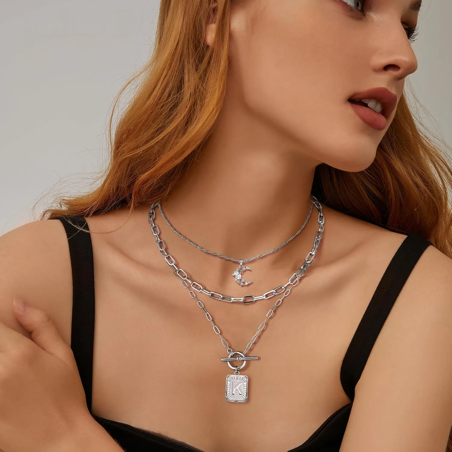 MJartoria Layered Initial Necklaces for Women Trendy, 14K Gold Plated Simple Moon Choker Square Letter Pendant Necklace, Paperclip Chain Necklace, Gold Necklaces Jewelry Gifts
