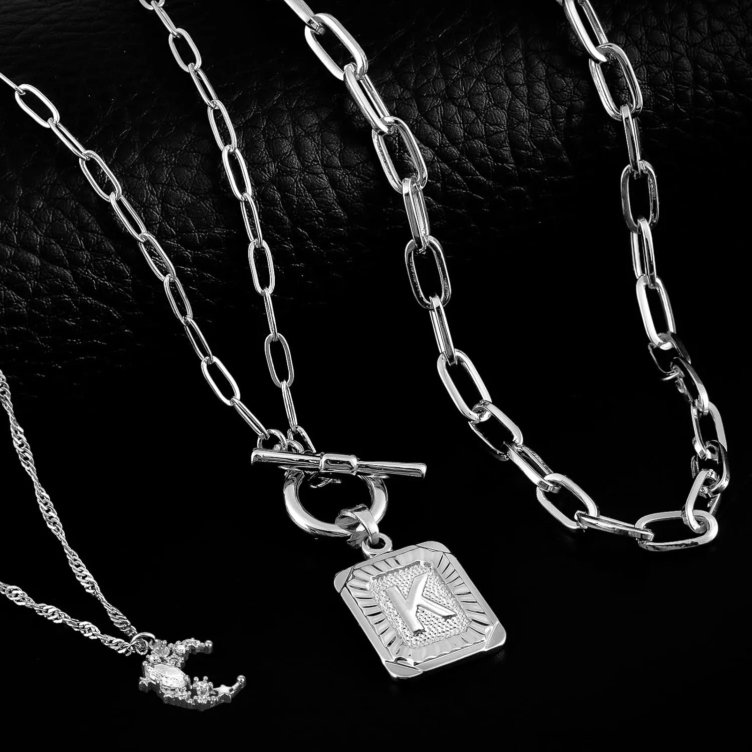 MJartoria Layered Initial Necklaces for Women Trendy, 14K Gold Plated Simple Moon Choker Square Letter Pendant Necklace, Paperclip Chain Necklace, Gold Necklaces Jewelry Gifts
