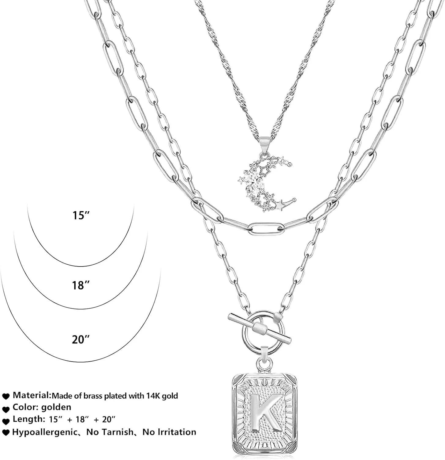 MJartoria Layered Initial Necklaces for Women Trendy, 14K Gold Plated Simple Moon Choker Square Letter Pendant Necklace, Paperclip Chain Necklace, Gold Necklaces Jewelry Gifts