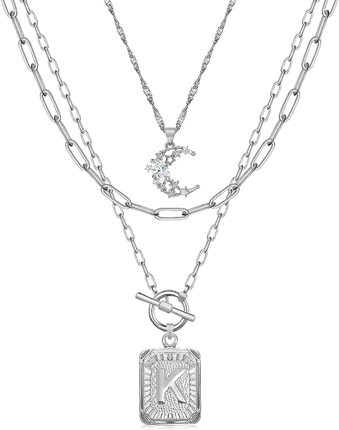 MJartoria Layered Initial Necklaces for Women Trendy, 14K Gold Plated Simple Moon Choker Square Letter Pendant Necklace, Paperclip Chain Necklace, Gold Necklaces Jewelry Gifts