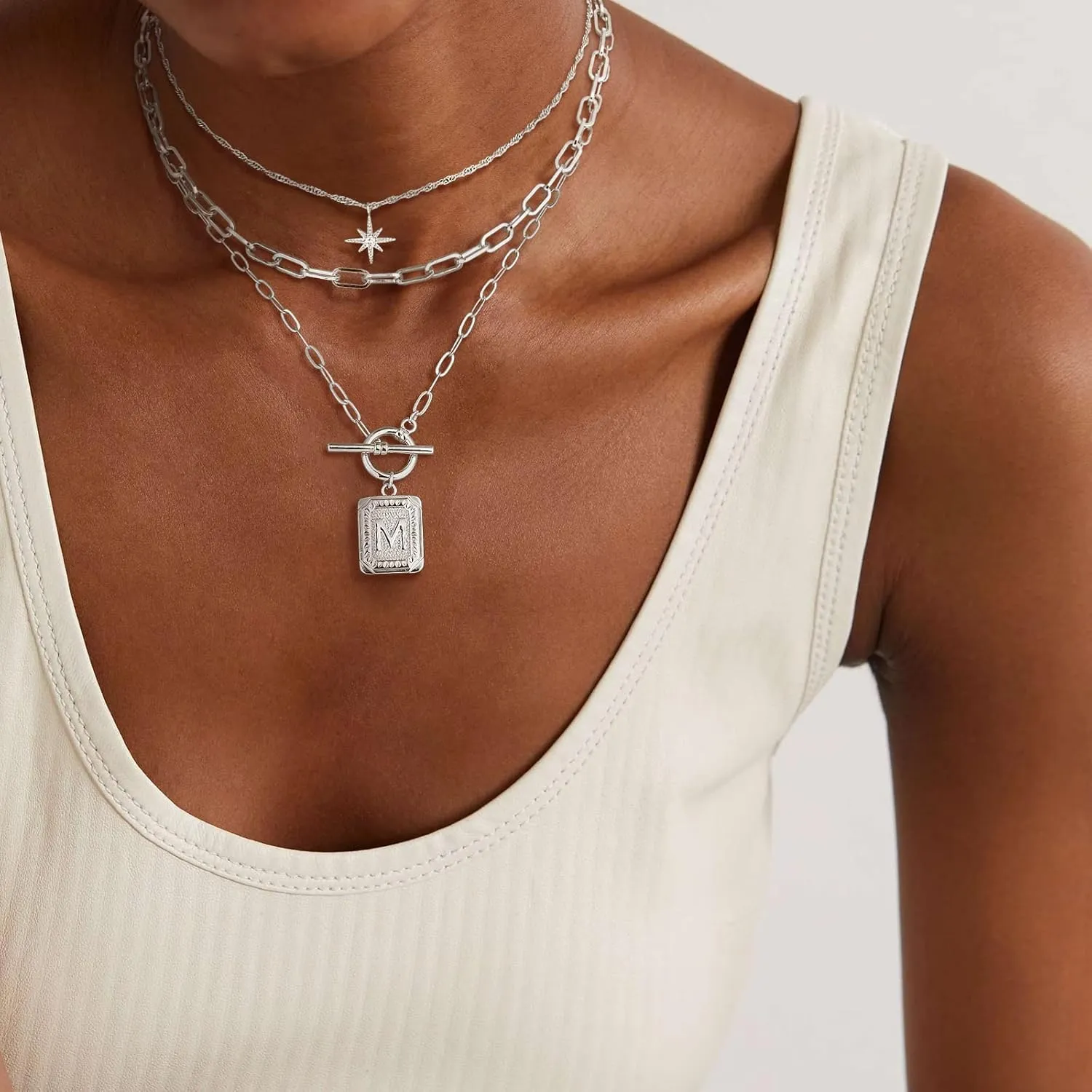 MJartoria Layered Initial Necklaces for Women Trendy, 14K Gold Plated Simple Star Choker Square Letter Pendant Necklace, Paperclip Chain Necklace, Gold Necklaces Jewelry Gifts