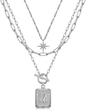 MJartoria Layered Initial Necklaces for Women Trendy, 14K Gold Plated Simple Star Choker Square Letter Pendant Necklace, Paperclip Chain Necklace, Gold Necklaces Jewelry Gifts