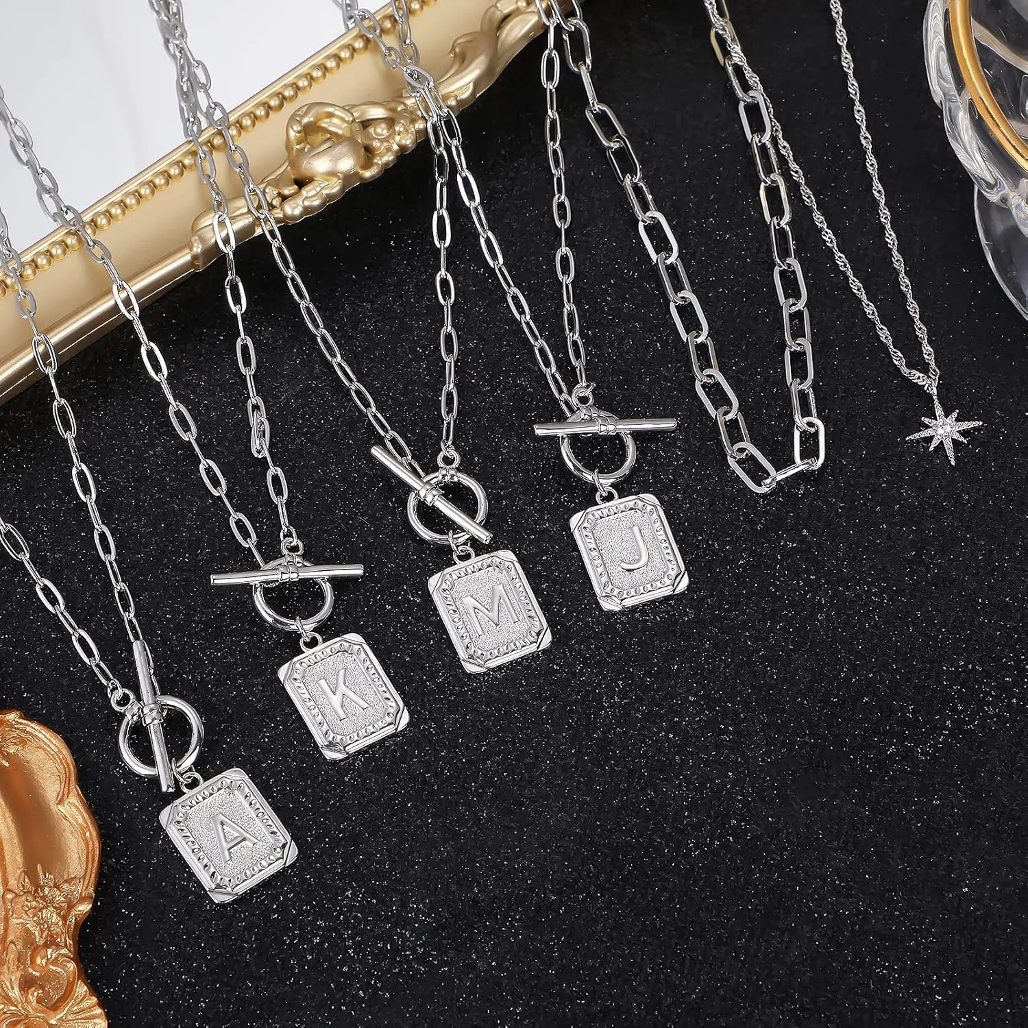 MJartoria Layered Initial Necklaces for Women Trendy, 14K Gold Plated Simple Star Choker Square Letter Pendant Necklace, Paperclip Chain Necklace, Gold Necklaces Jewelry Gifts